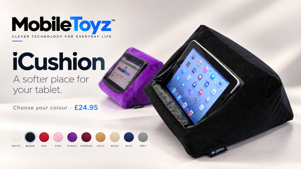 Illustrative MobileToyz iCushion colour collection campaign artwork. Black and purple shown; choose one colour using the product options. Tablets not included.