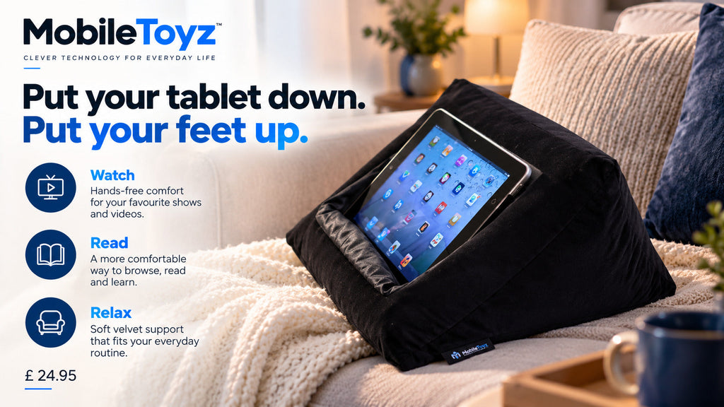 Illustrative black iCushion lifestyle campaign artwork. Put your tablet down. Put your feet up. Watch, read and relax. Tablet and props not included.