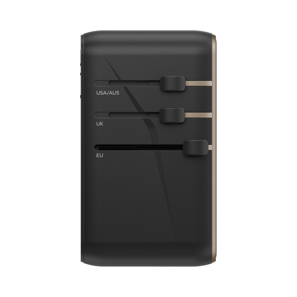 MOMAX 1-World 120W travel charger side view showing USA/AUS, UK and EU plug selectors