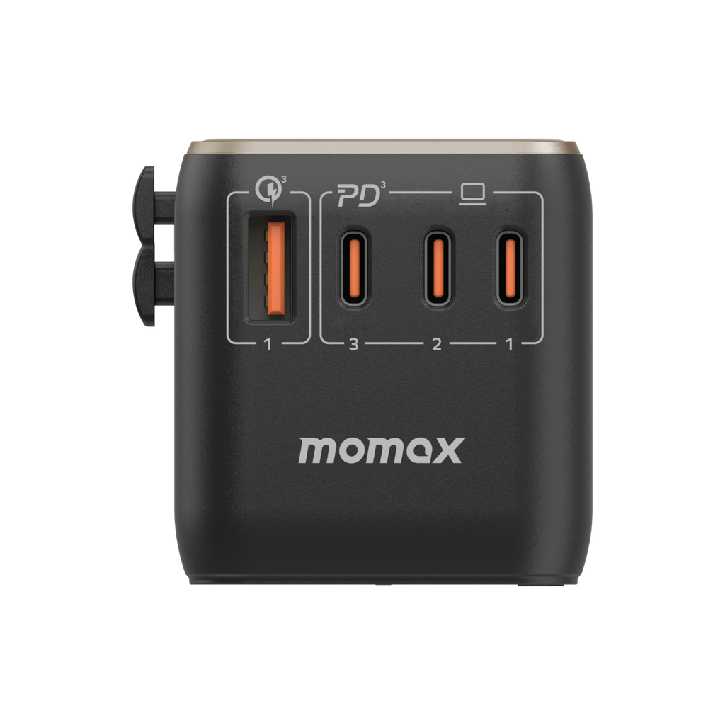 MOMAX 1-World 120W charger showing three USB-C ports and one USB-A port