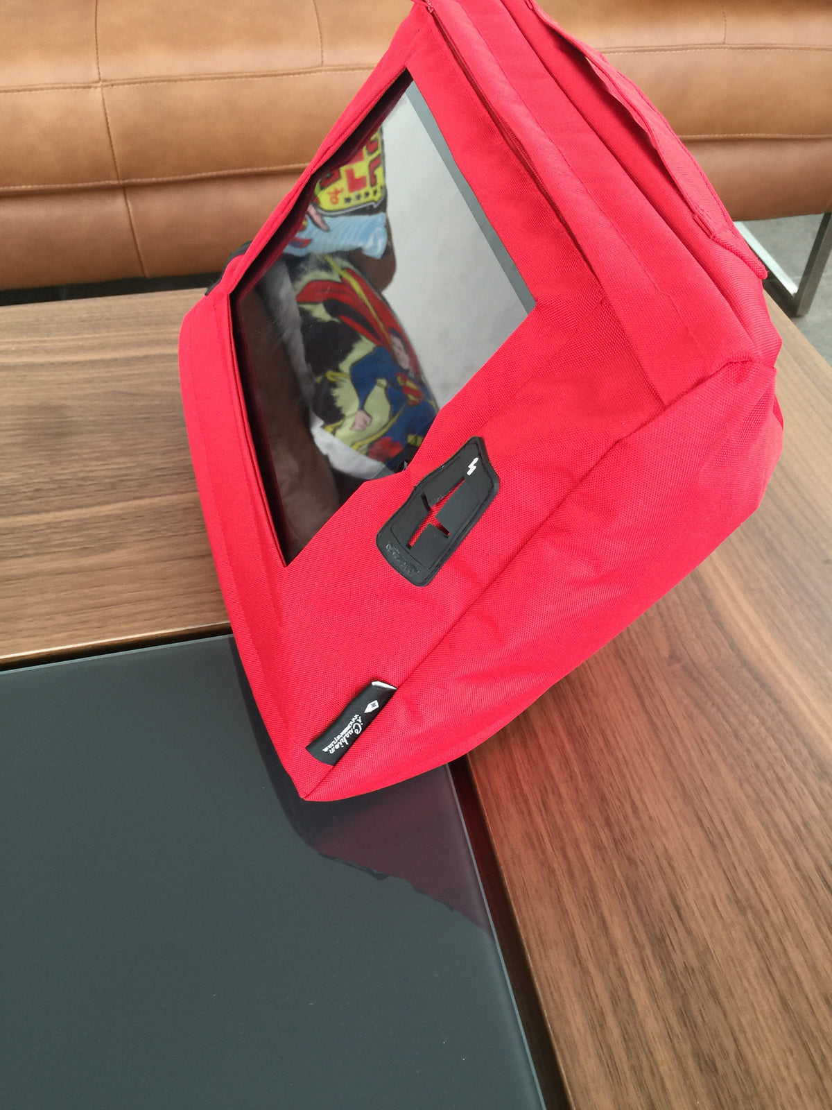 Red MobileToyz CushPad tablet cushion stand with storage compartment