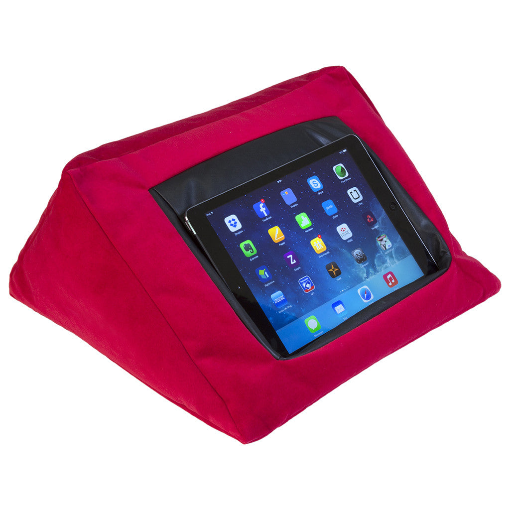 Original MobileToyz red velvet iCushion with a tablet; tablet not included