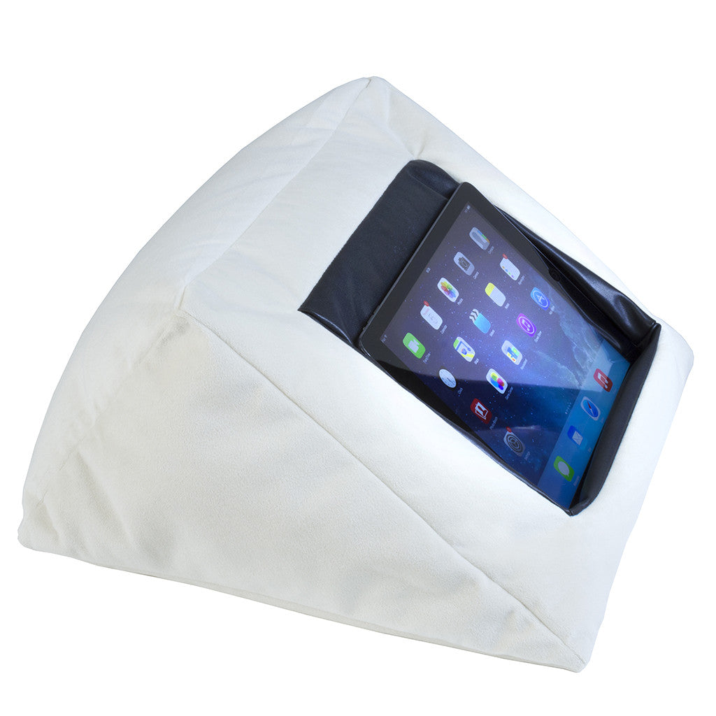 White velvet MobileToyz iCushion iPad and tablet cushion stand